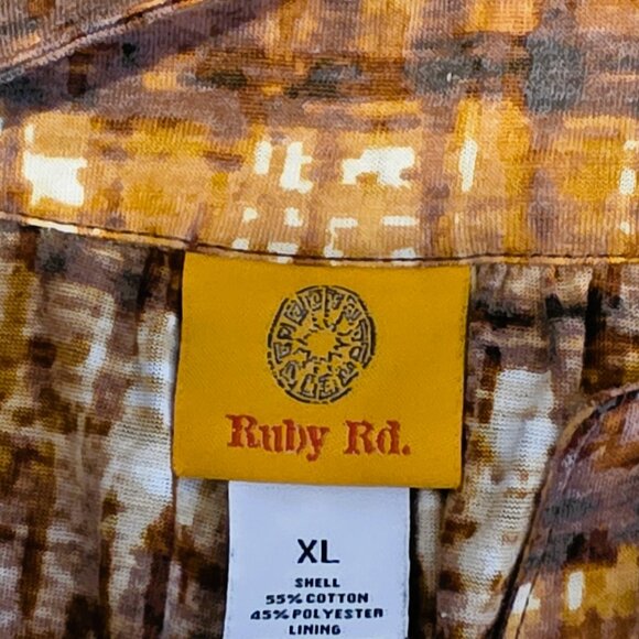 Ruby Rd. Open V Neckline Gathered Brown & Orange Long Sleeve Casual Top - Picture 4 of 5